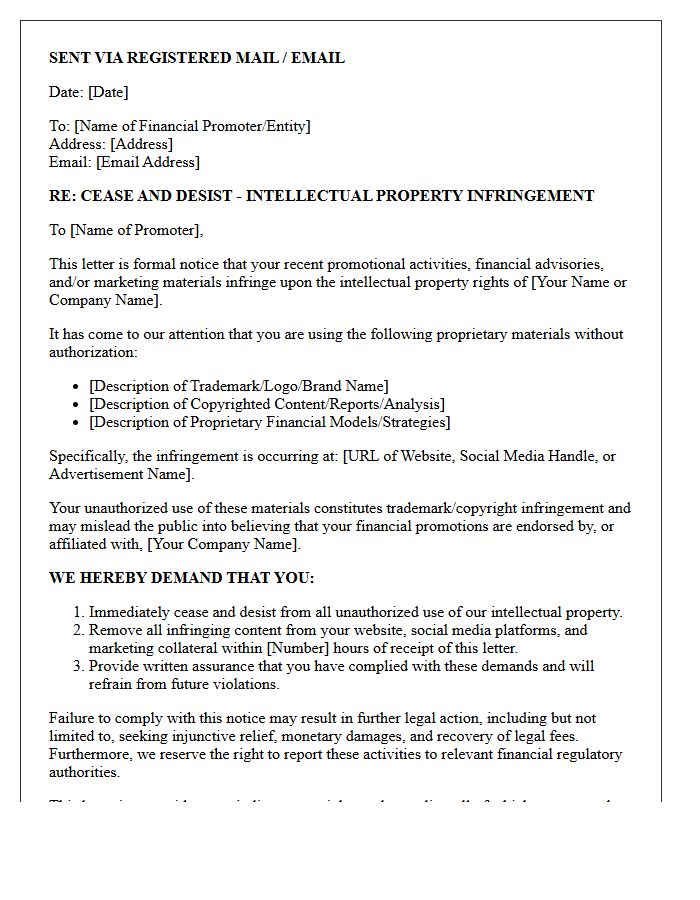 Cease and Desist Letter for Intellectual Property Violations by Financial Promoters