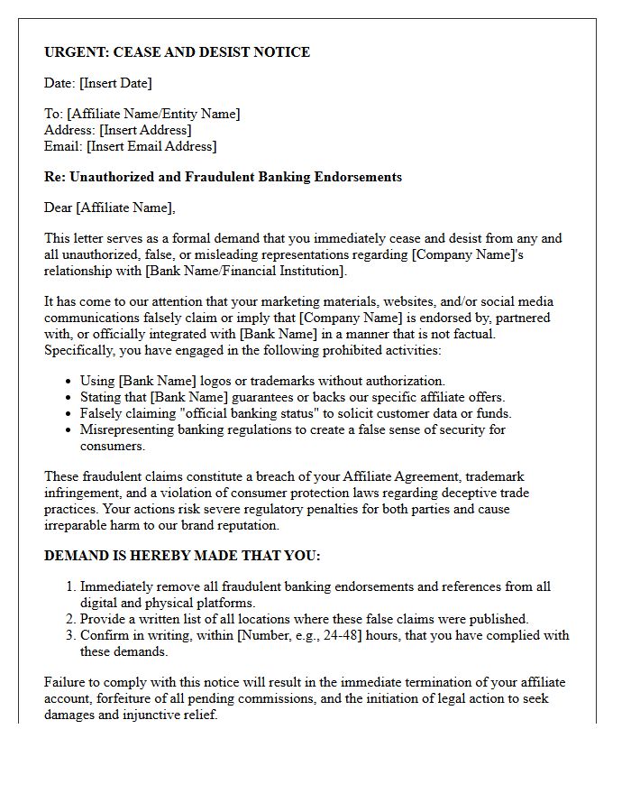 Cease and Desist Letter Targeting Fraudulent Banking Endorsements by Affiliates