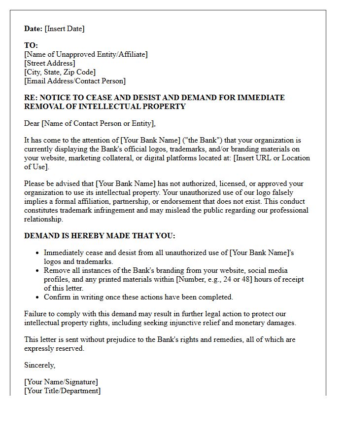 Demand Letter for Immediate Removal of Bank Logos by Unapproved Financial Affiliates