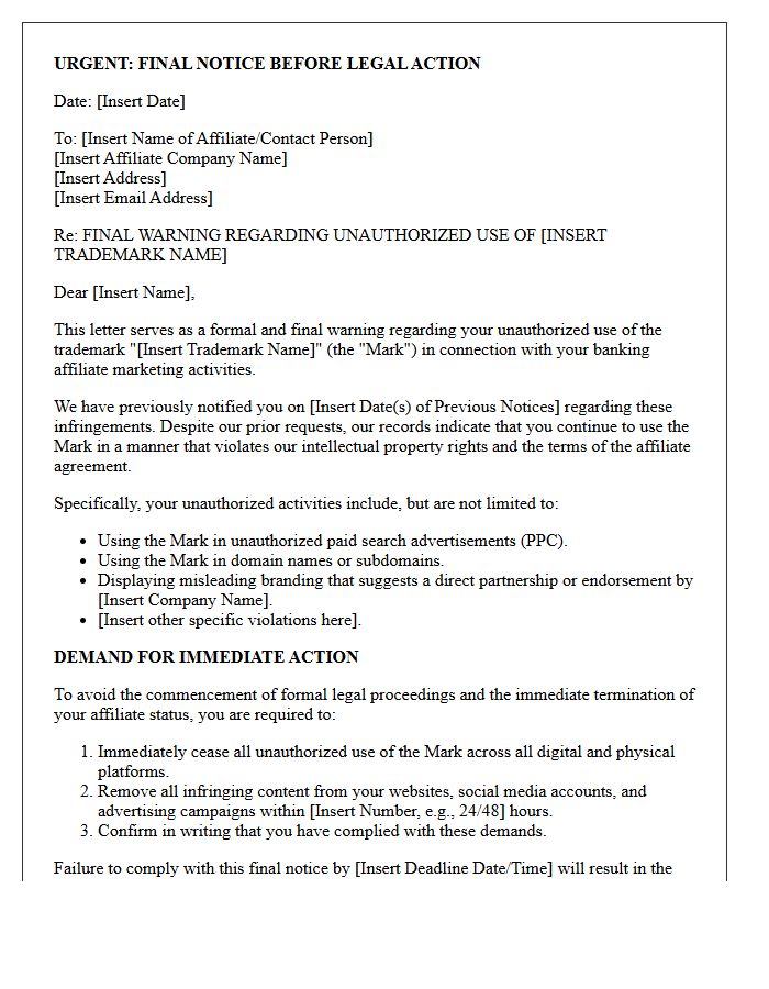 Final Warning Letter for Trademark Infringement by Third-Party Banking Affiliates