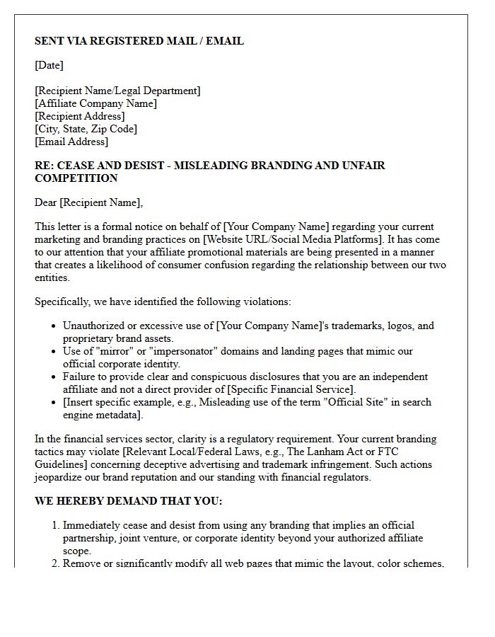 Formal Cease and Desist Letter Regarding Misleading Affiliate Branding in Financial Services