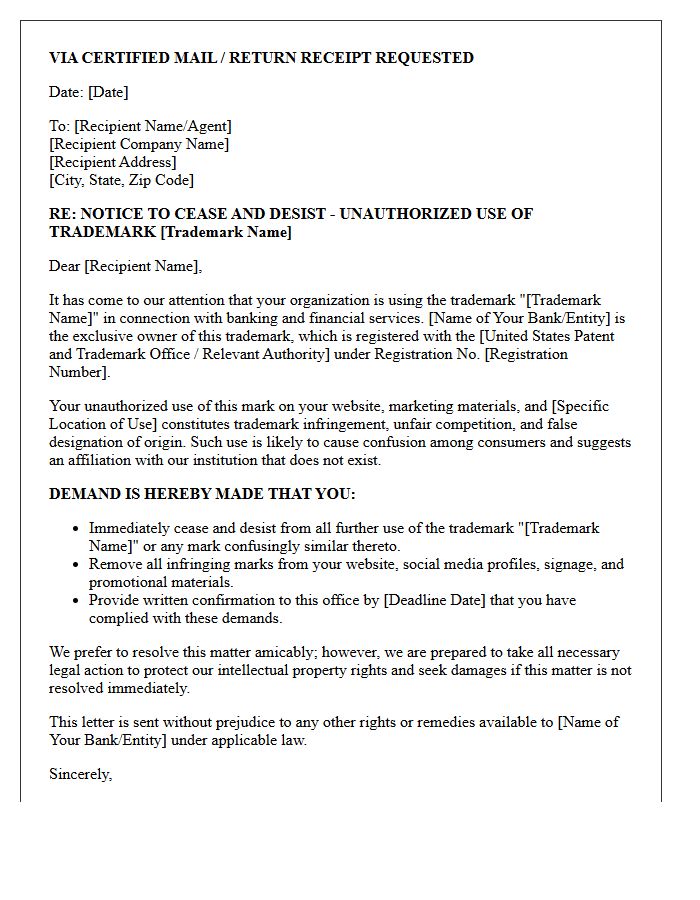 Initial Notice Cease and Desist Letter for Unauthorized Banking Trademark Usage