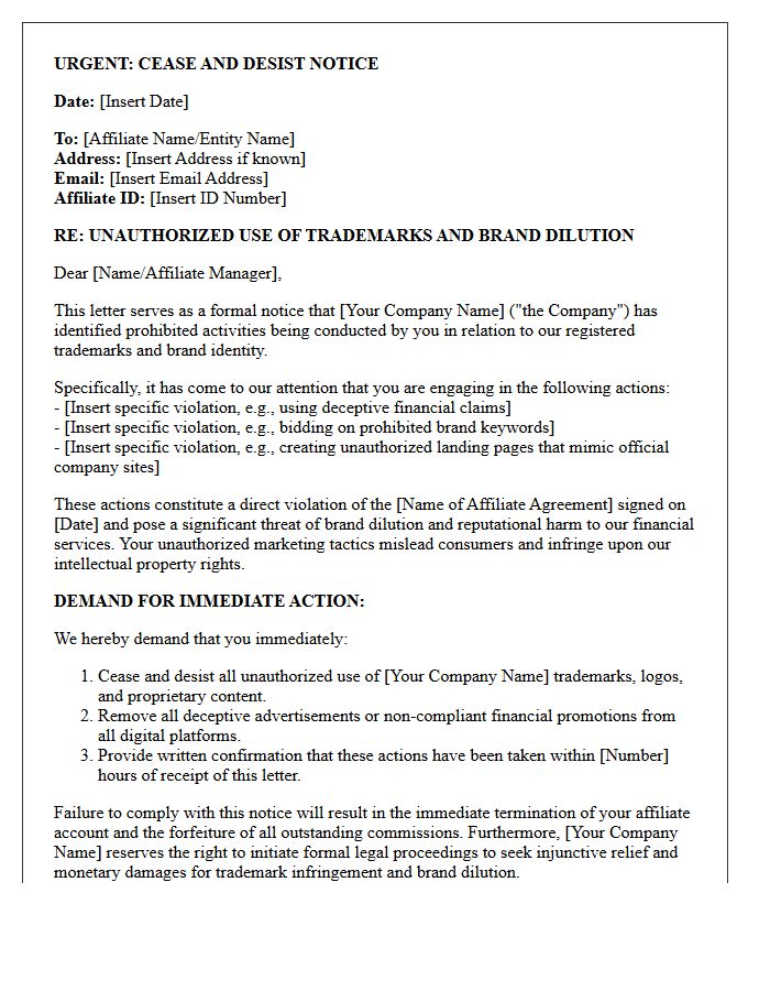 Legal Action Warning Letter Concerning Brand Dilution by Rogue Financial Affiliates