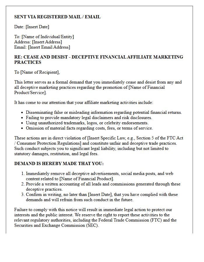 Legal Cease and Desist Letter for Deceptive Financial Affiliate Marketing Practices