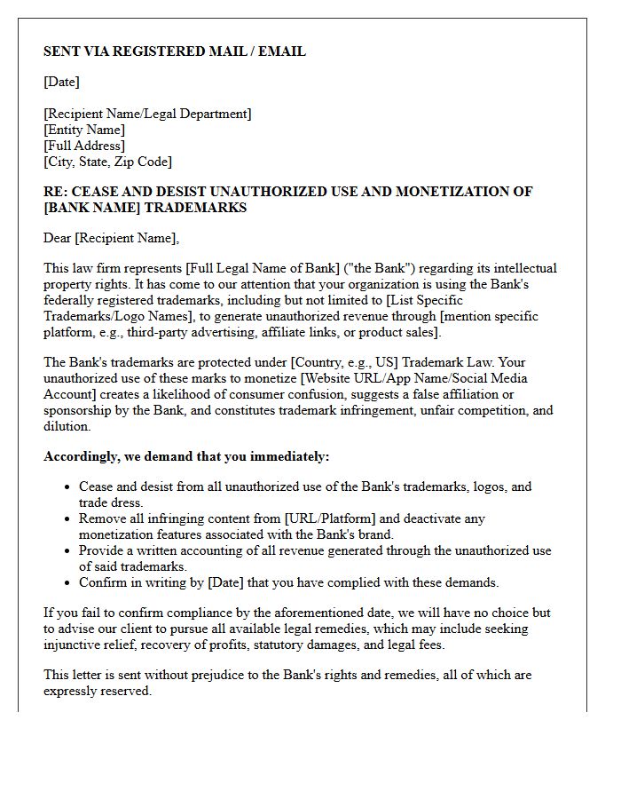 Notice Letter Demanding Cessation of Unauthorized Bank Trademark Monetization
