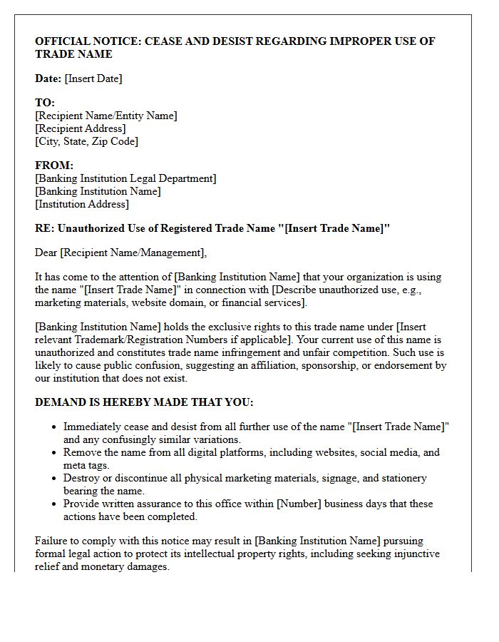 Official Notice Letter Addressing Improper Use of Banking Institution Trade Names
