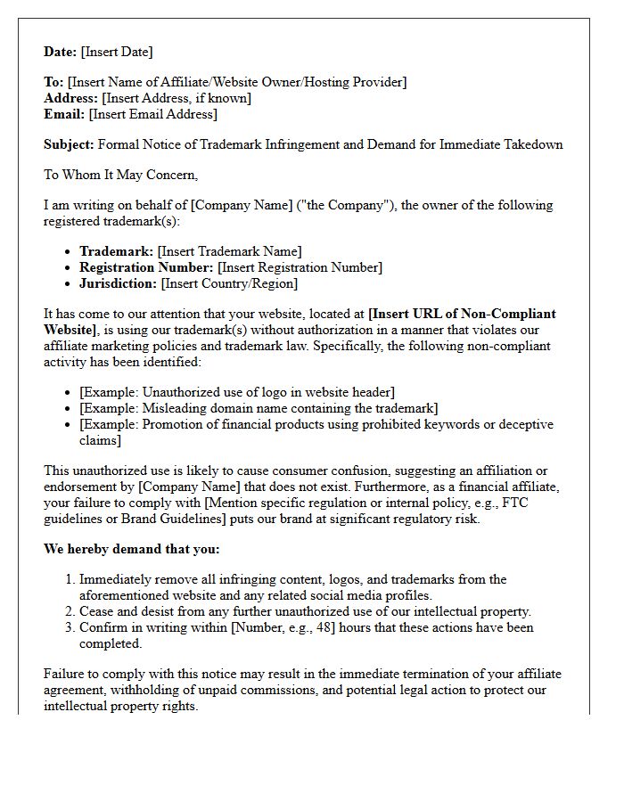 Trademark Takedown Notice Letter for Non-Compliant Financial Affiliate Websites