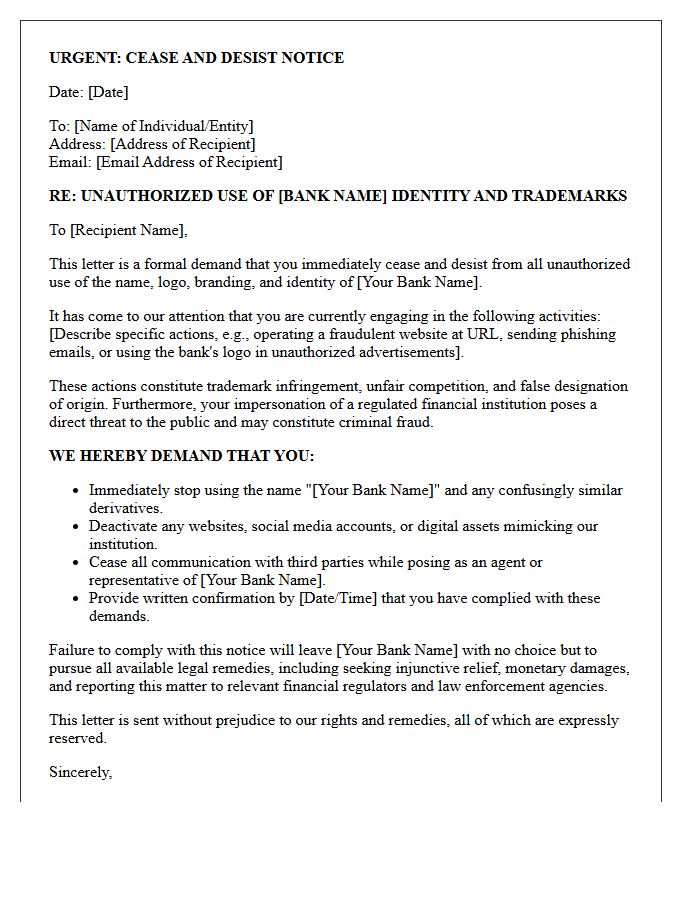 Urgent Cease and Desist Letter for Unauthorized Bank Identity Impersonation