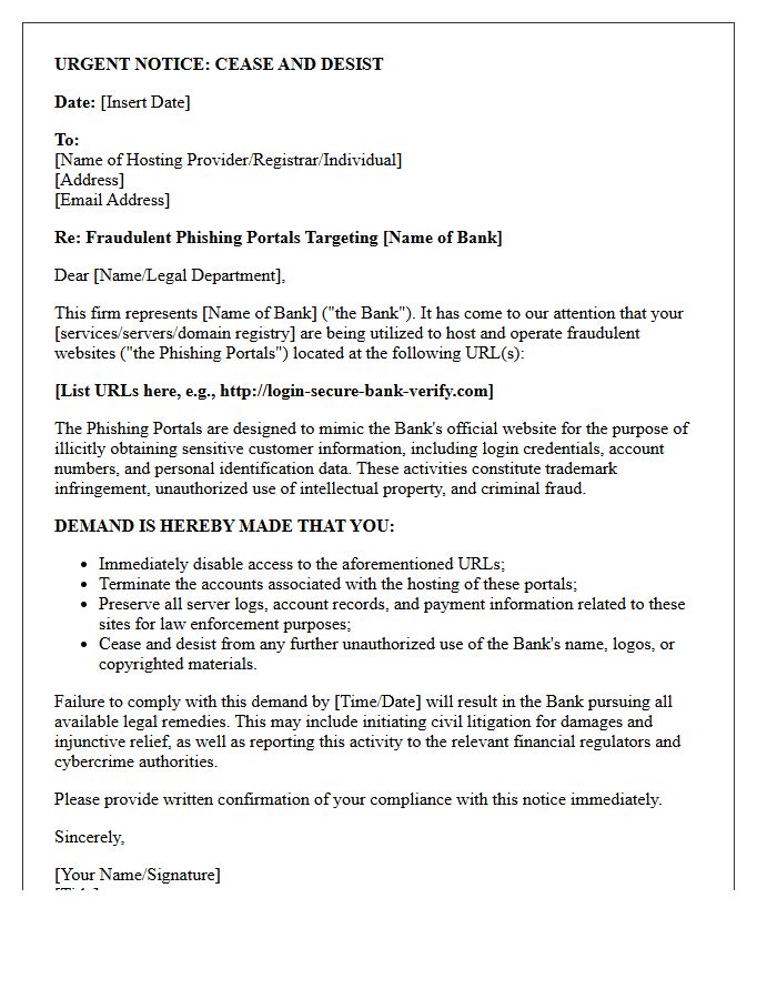 Cease and Desist Letter Enjoining the Operation of Fraudulent Bank Phishing Portals