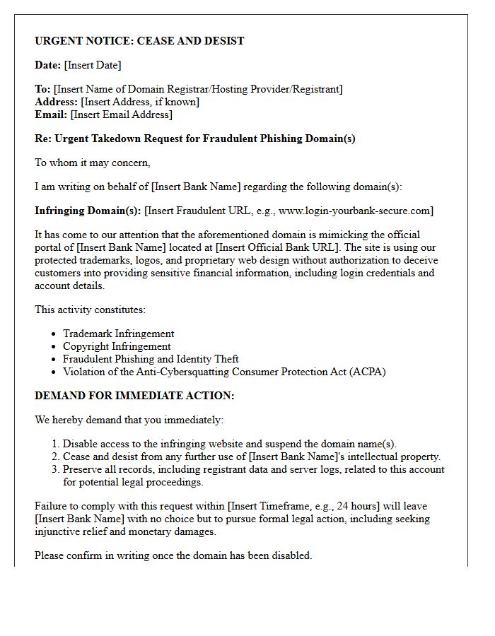Cease and Desist Letter for Fraudulent Phishing Domains Mimicking Bank Portals