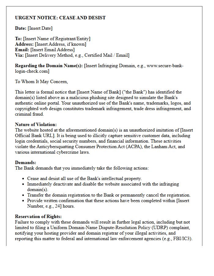Cease and Desist Letter for Malicious Phishing Domains Simulating Authentic Banking Portals