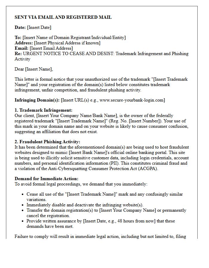 Cease and Desist Letter for Trademark Infringement and Fraudulent Bank Phishing Domains