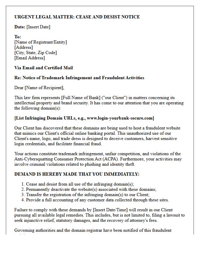 Formal Demand Letter to Cease and Desist Fraudulent Bank Portal Mimicking Domains