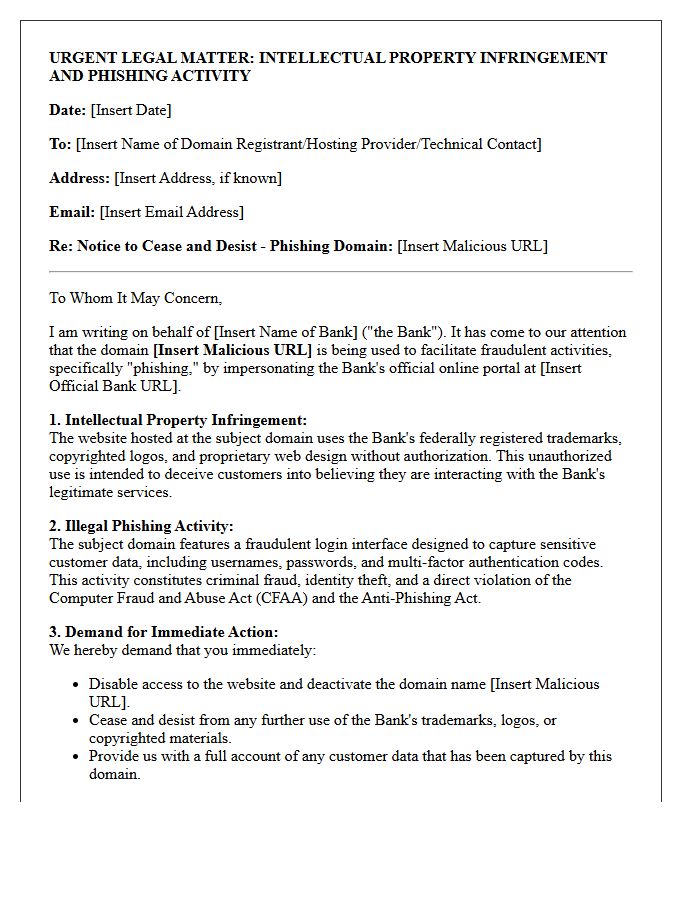 Intellectual Property and Phishing Domain Cease and Desist Letter for Banking Portals