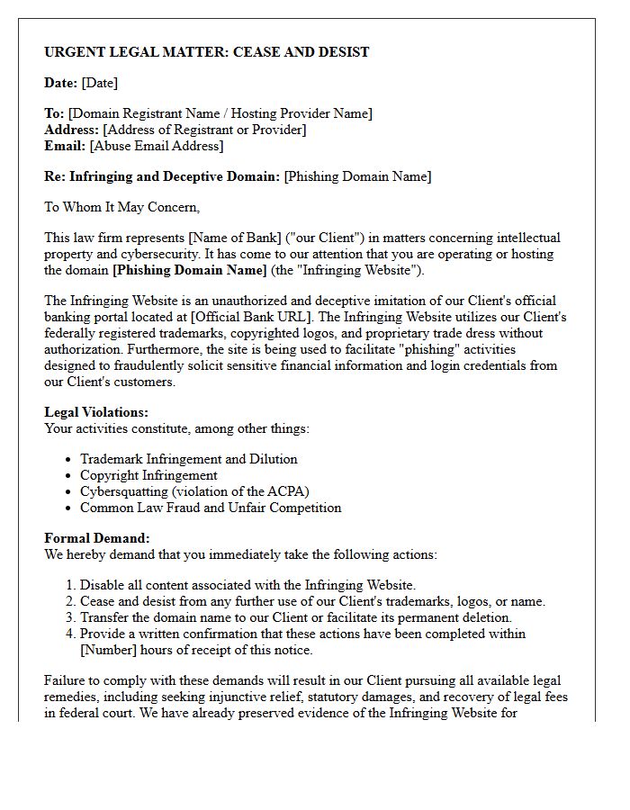 Legal Cease and Desist Letter for Deceptive Phishing Domains Impersonating Bank Portals