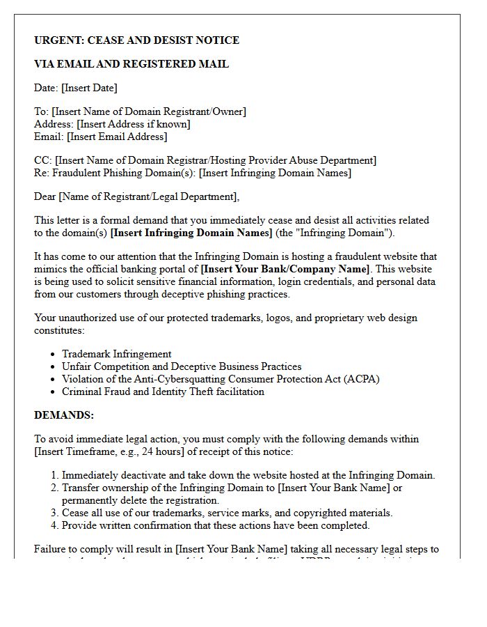 Letter of Cease and Desist Regarding Fraudulent Bank Portal Phishing Domains