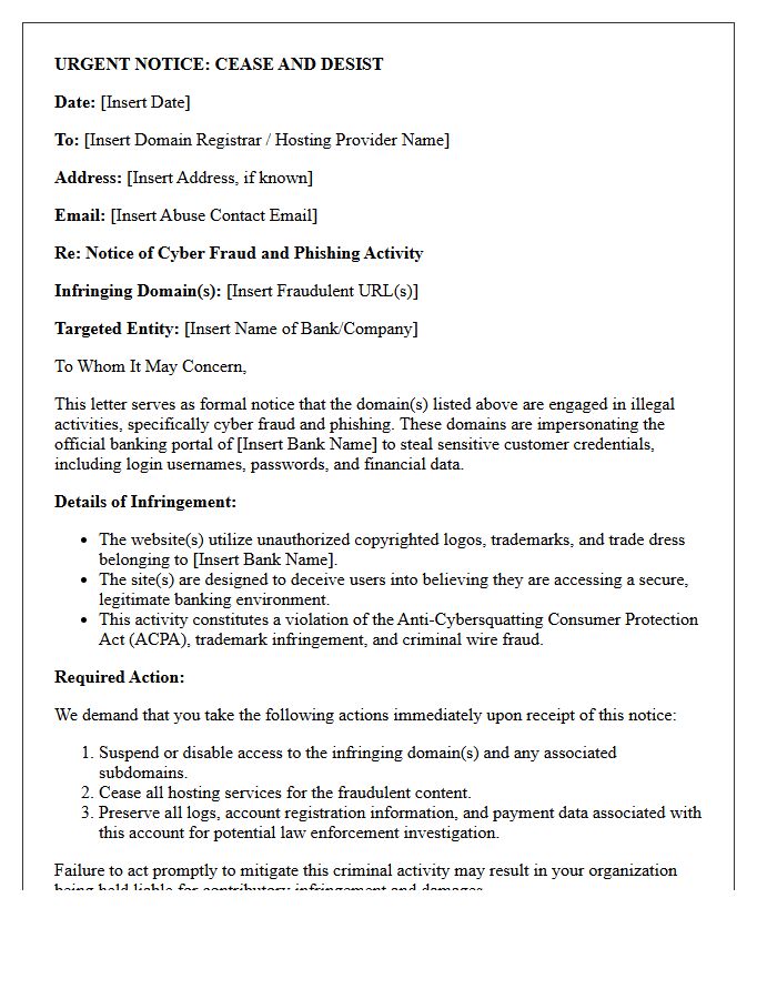 Notice and Cease and Desist Letter for Cyber Fraud and Bank Portal Phishing Domains