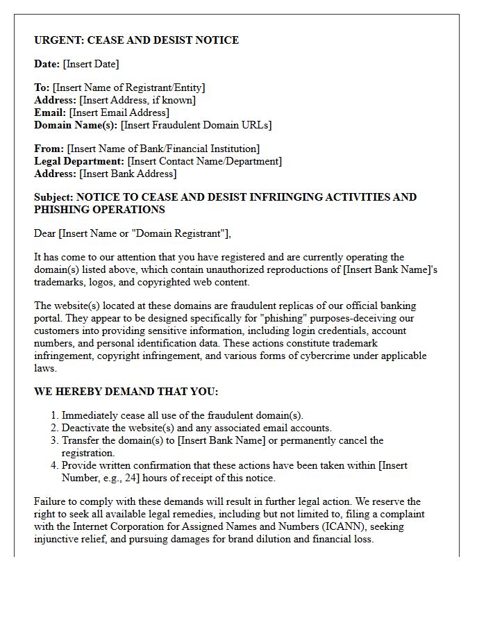 Urgent Cease and Desist Letter Against Fraudulent Domains Replicating Banking Portals