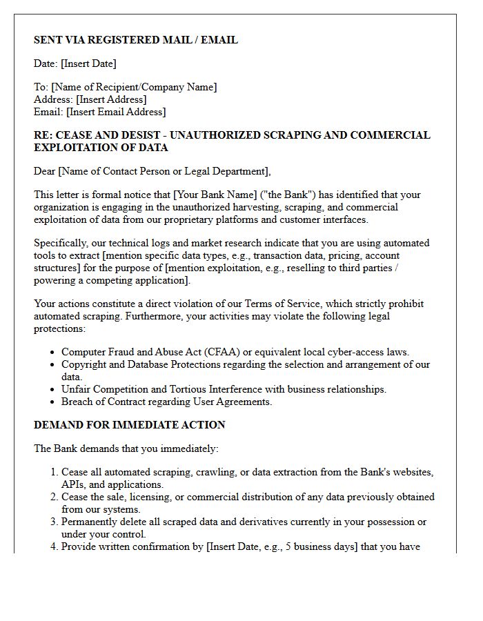 Cease and Desist Letter Addressing Commercial Exploitation of Scraped Bank Data