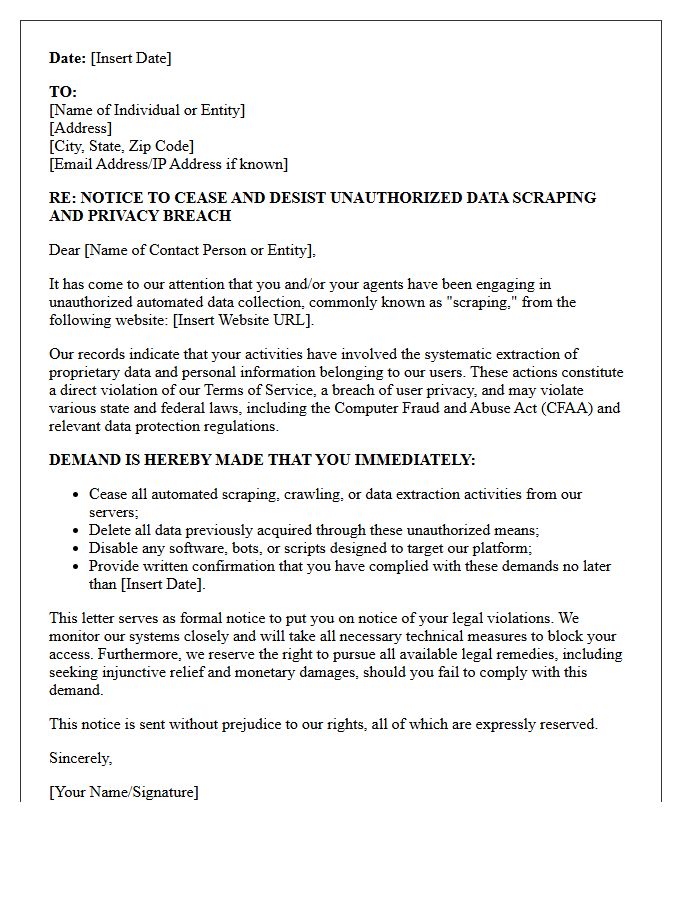 Cease and Desist Letter Concerning Breach of Privacy via Data Scraping