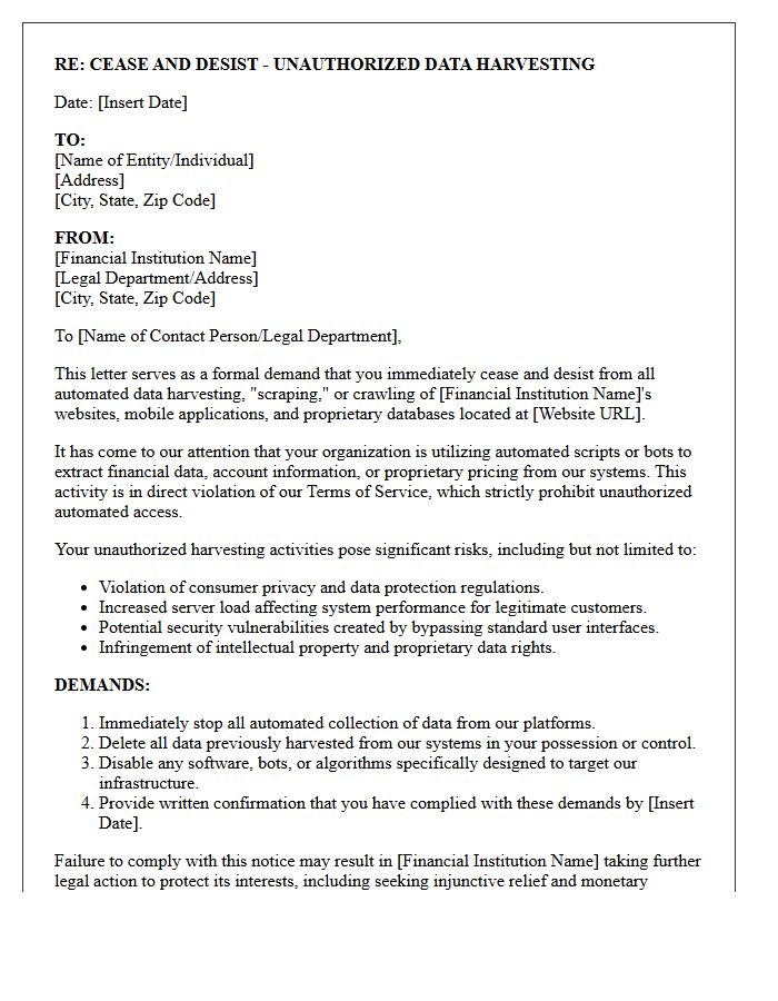 Cease and Desist Letter for Automated Harvesting of Financial Institution Data