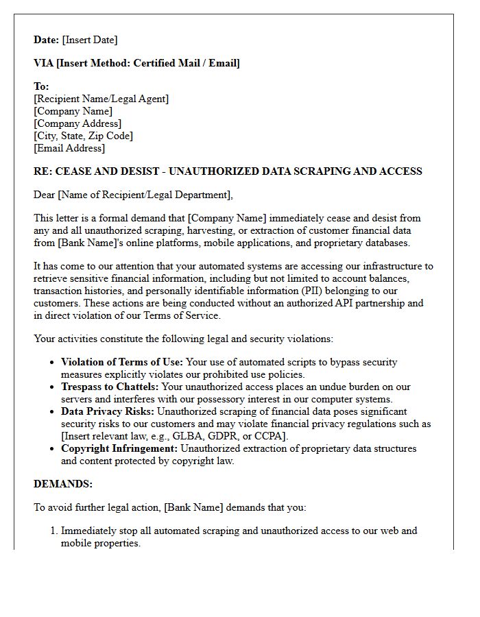 Cease and Desist Letter for Unauthorized Scraping of Bank Customer Financial Data