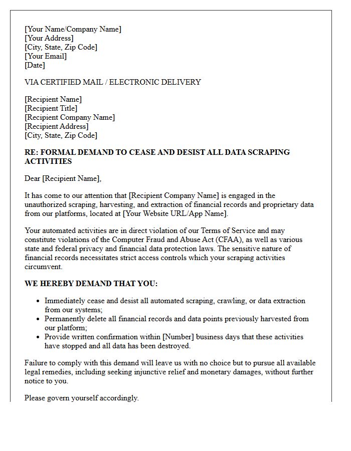 Formal Letter Demanding Immediate Cessation of Financial Record Scraping