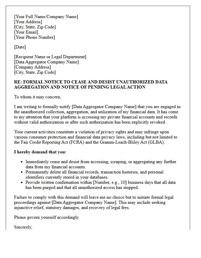 Letter Initiating Legal Action Against Unauthorized Financial Data Aggregators