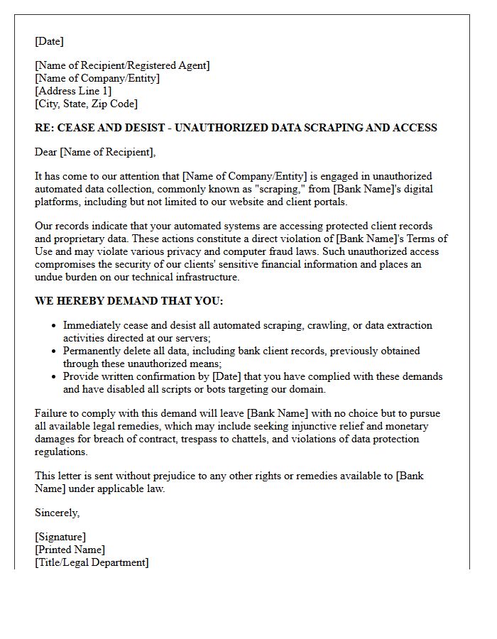 Letter of Demand to Halt Unauthorized Data Scraping of Bank Client Records