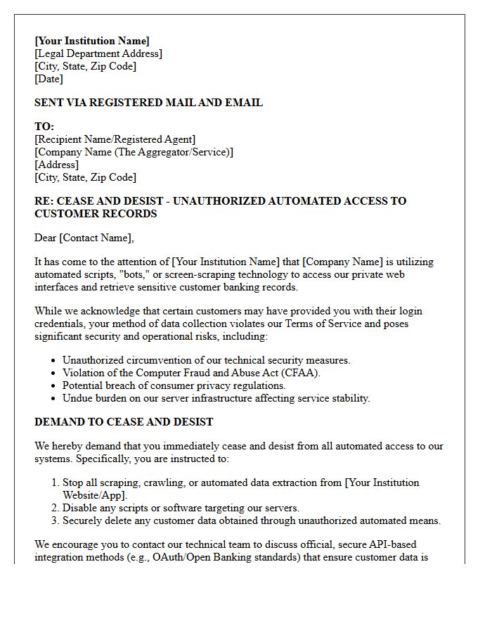 Letter to Enjoin Unauthorized Automated Access to Customer Banking Records