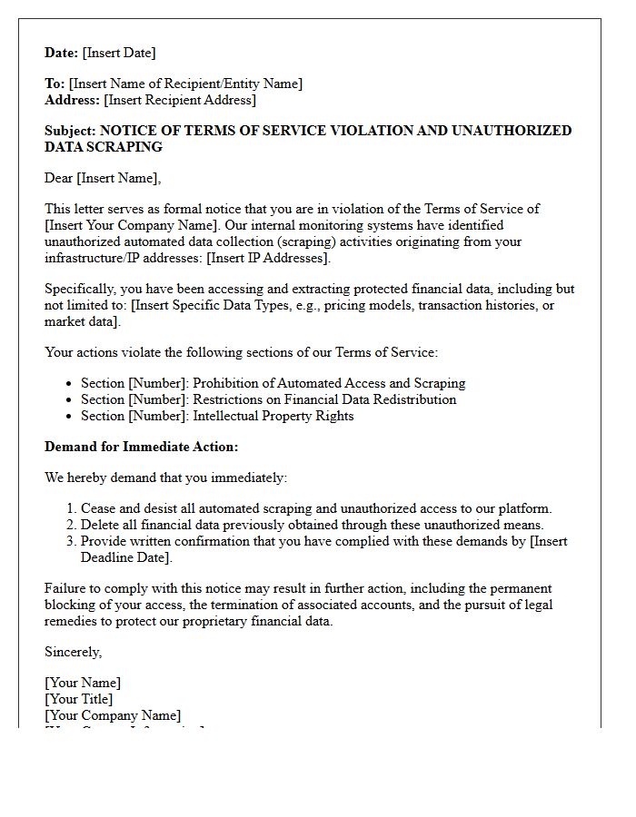 Notice Letter for Terms of Service Violation and Unauthorized Financial Data Scraping
