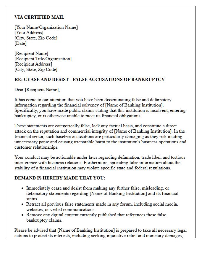 Cease and Desist Letter Addressing False Accusations of Banking Institution Bankruptcy