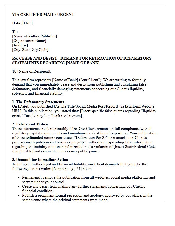 Cease and Desist Letter Demanding Retraction of Defamatory Publication on Bank Liquidity