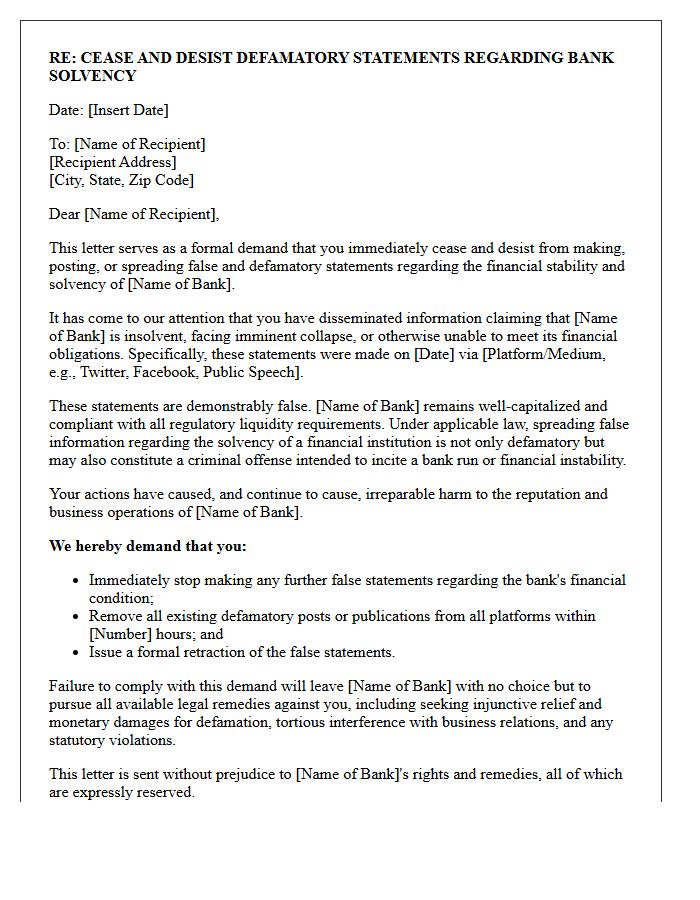 Cease and Desist Letter for Defamatory Statements Regarding Bank Solvency