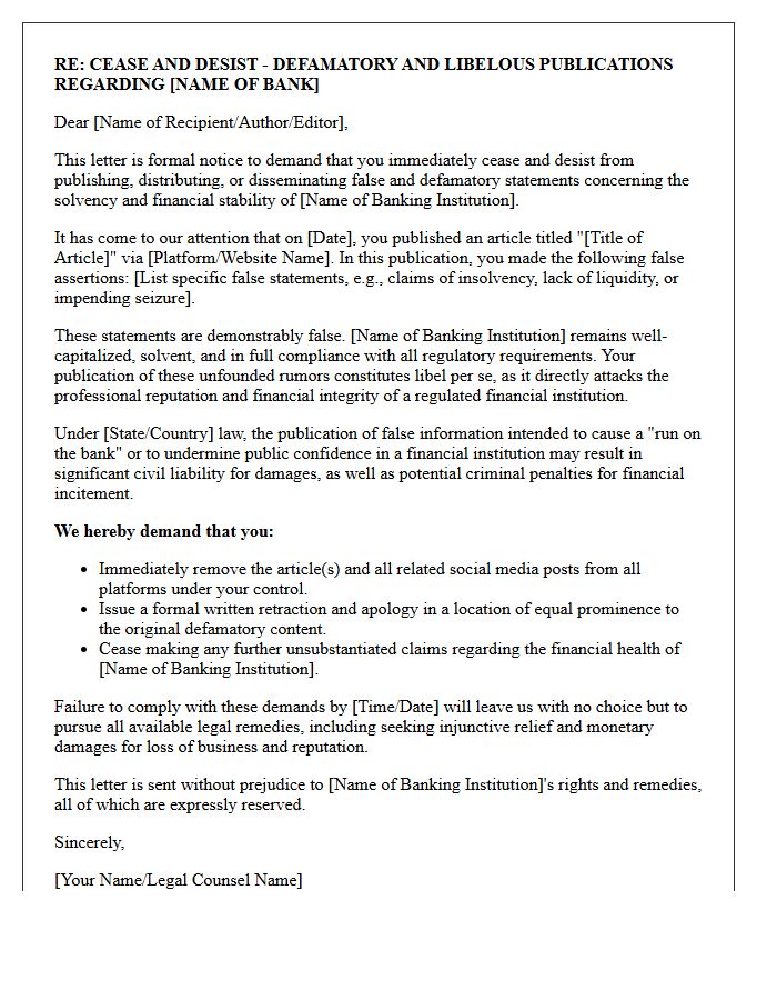 Cease and Desist Letter for Libelous Articles Questioning Banking Institution Solvency