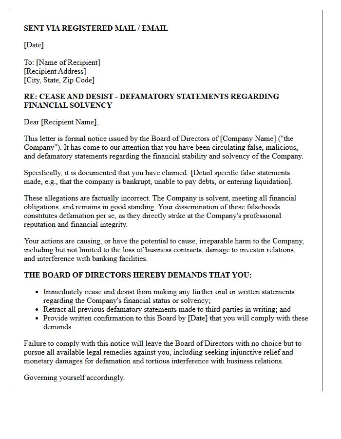 Cease and Desist Letter Issued by Board of Directors Regarding Defamatory Insolvency Claims
