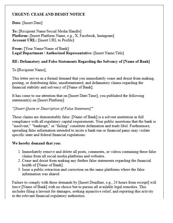Cease and Desist Letter Regarding False Social Media Claims of Bank Insolvency