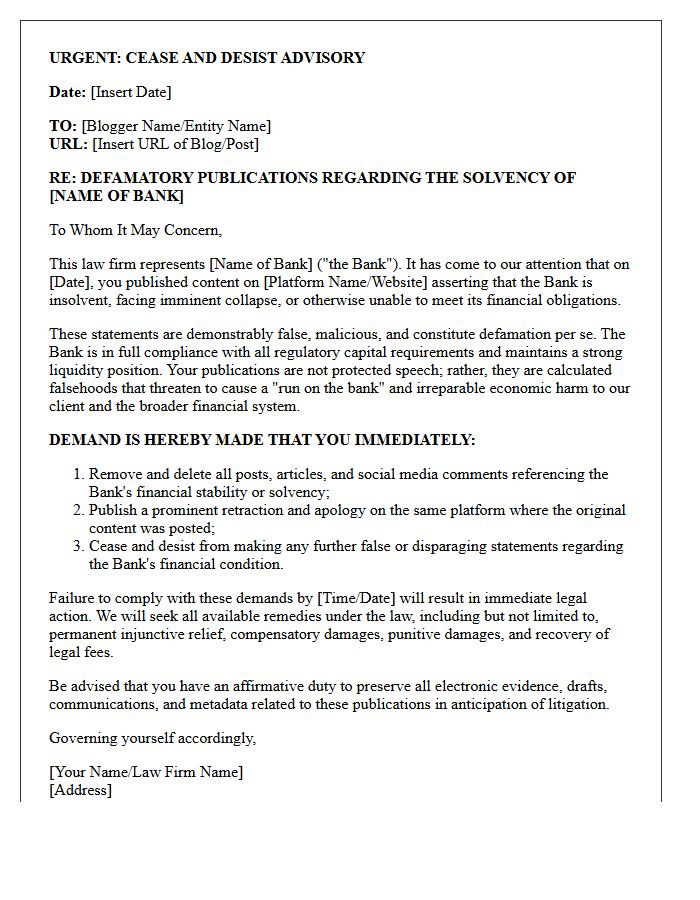 Cease and Desist Letter to Bloggers Publishing Defamatory Content on Bank Solvency