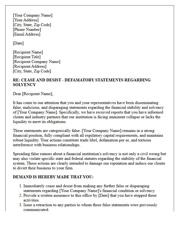 Cease and Desist Letter to Competitor Regarding Malicious Rumors of Bank Solvency