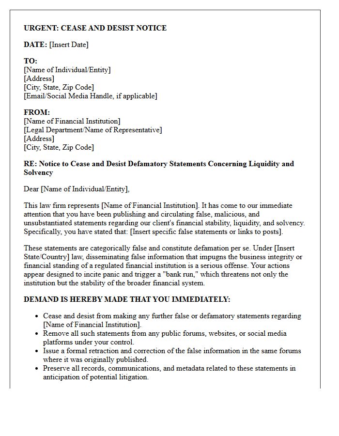Urgent Cease and Desist Letter to Prevent Defamation-Induced Bank Run