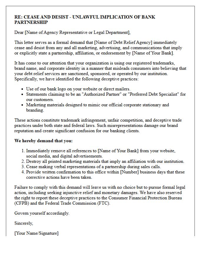Cease and Desist Letter for Debt Relief Agencies Implying Official Bank Partnerships