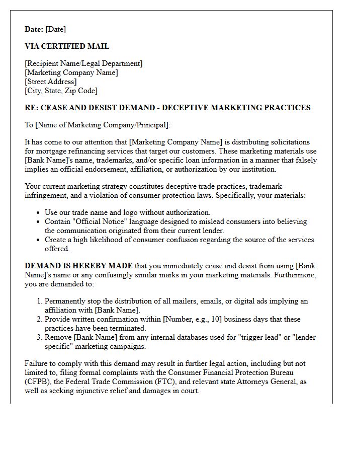 Cease and Desist Letter for Deceptive Mortgage Refinance Marketing Implying Official Bank Endorsement