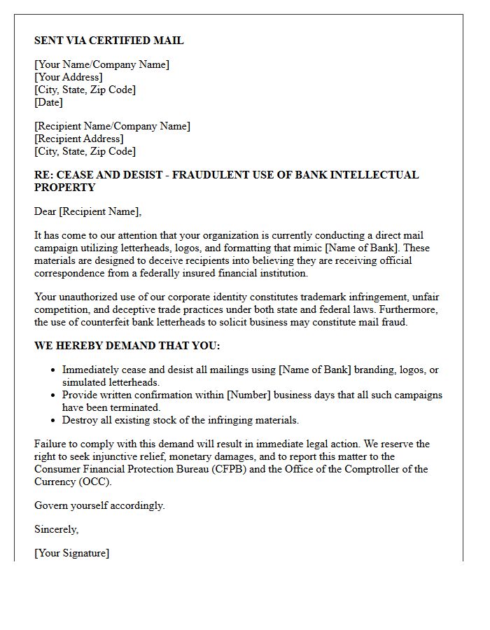 Cease and Desist Letter for Direct Mail Campaigns Using Counterfeit Bank Letterheads