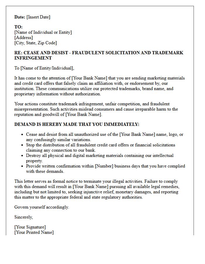 Cease and Desist Letter for Fraudulent Credit Card Offers Claiming Bank Affiliation