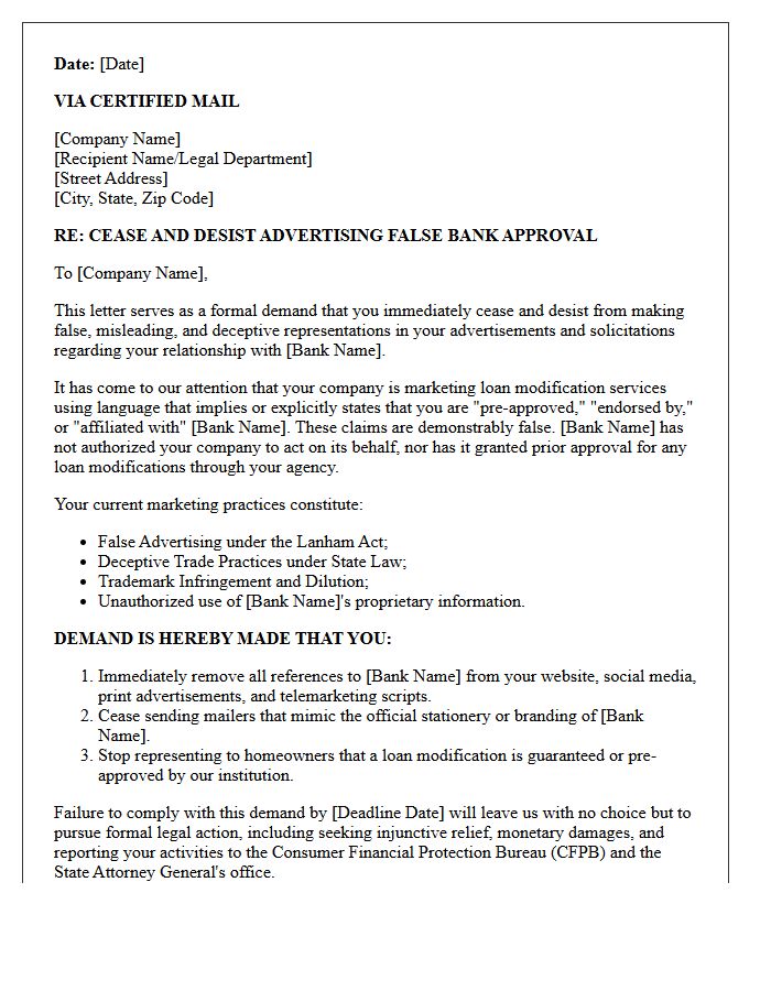 Cease and Desist Letter for Loan Modification Companies Falsely Advertising Bank Approval