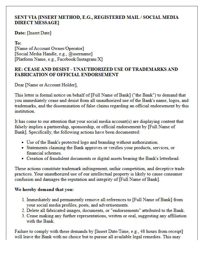 Cease and Desist Letter for Social Media Accounts Fabricating Official Bank Endorsements