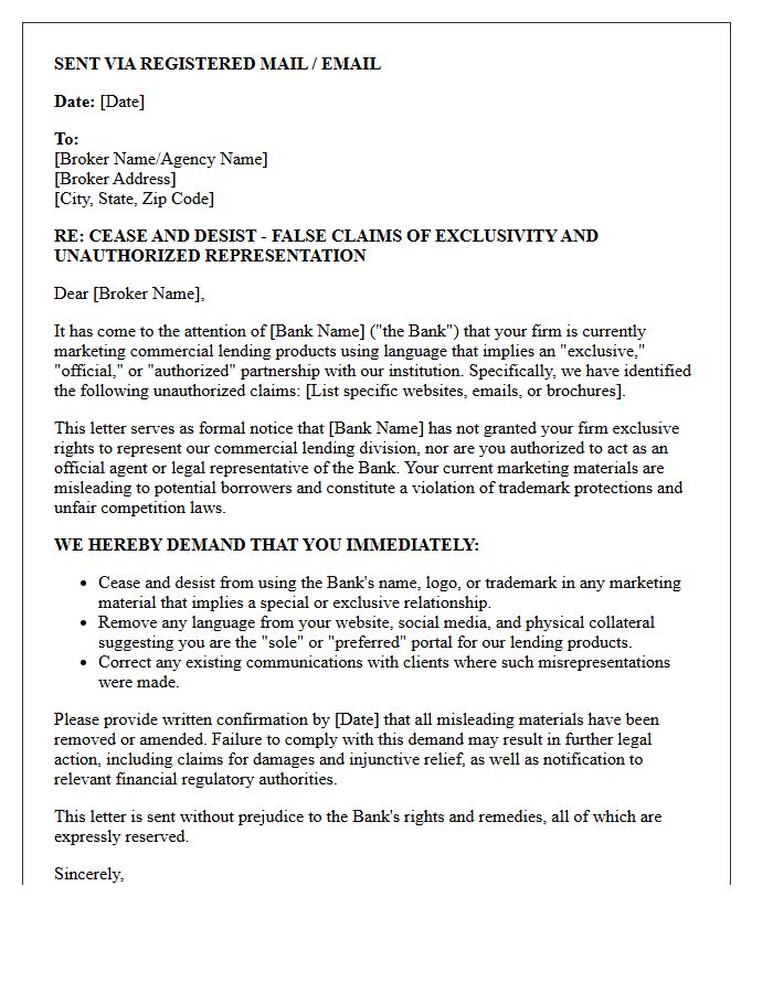 Commercial Lending Cease and Desist Letter for Brokers Implying Exclusive Bank Authorization