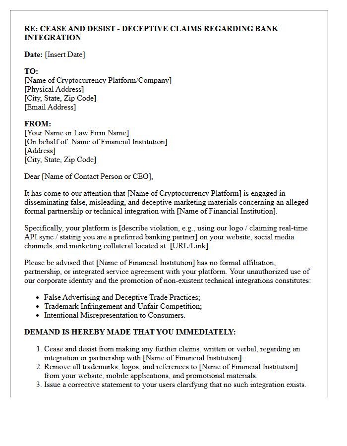 Cryptocurrency Platform Cease and Desist Letter for Deceptive Bank Integration Claims