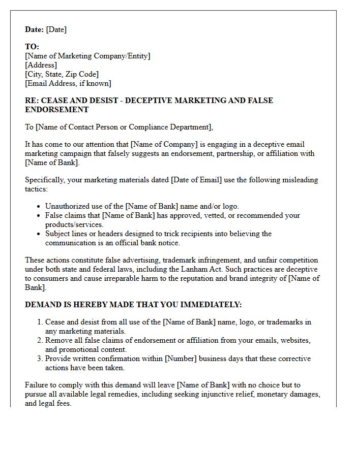 Deceptive Email Marketing Cease and Desist Letter Regarding False Bank Endorsements