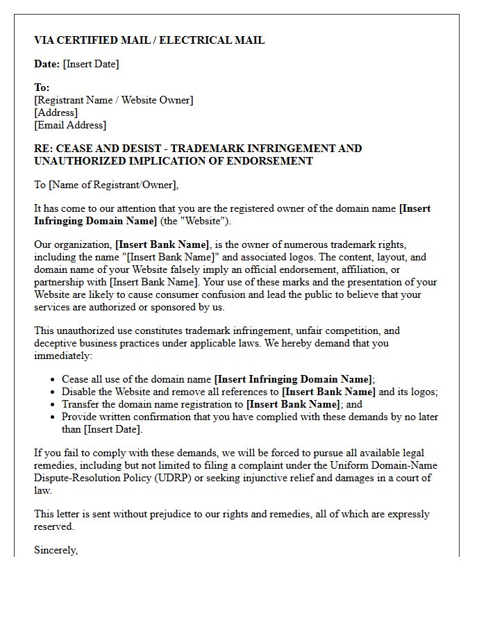 Domain Name Cease and Desist Letter for Websites Implying Official Bank Endorsement